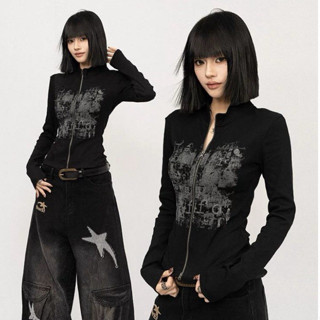   ẢNH THẬT  SẴN Áo thun có khoá kéo cổ đứng có khoá kéo dài tay dáng ôm style y2k màu đen hoạ tiết cá tính âu mỹ retro 