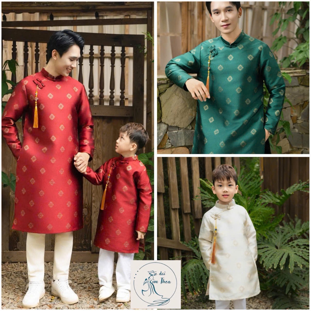 Áo Dài Nam Cách Tân Gấm Bố Và Bé Trai Mặc Tết Tặng Charm BC01