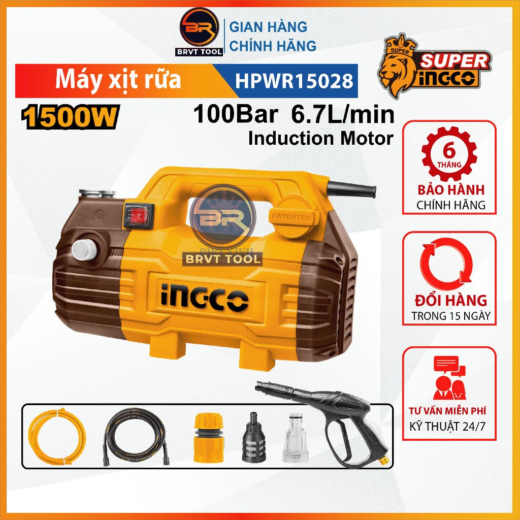 Máy xịt rửa xe INGCO HPWR15028 1500W dây đồng, motor từ không chổi than Máy rửa xe cao áp 100Bar