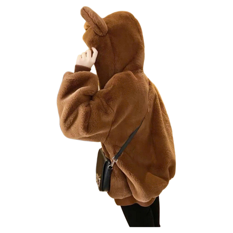 Áo khoác lông quả bông tai gấu style hàn quốc màu nâu hottrend cho nữ