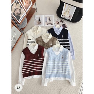  GL57 ÁO GILE LEN KẺ GẤU NGỰC CỔ V VIỀN CHẤT LEN VẶN THỪNG PHONG CÁCH HÀN QUỐC ÁO GHILE LEN VẶN THỪNG CHO NỮ KẺ NGANG 