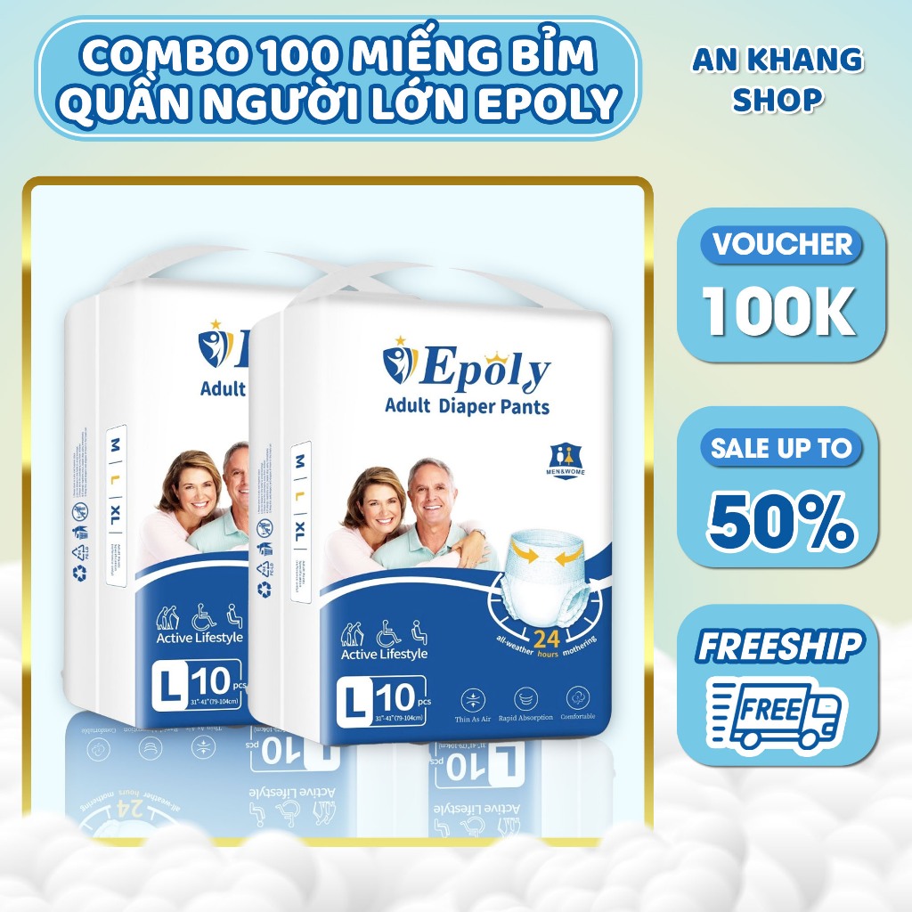 Combo 100 miếng bỉm quần cho người lớn, phù hợp trọng lượng từ 35-85kg,  Epaly