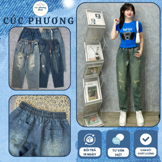  Quần jean nữ lưng thun cạp cao dáng baggy 9 tấc có big size đến 75kg vải mềm không co giãn dành cho nầm nùn 