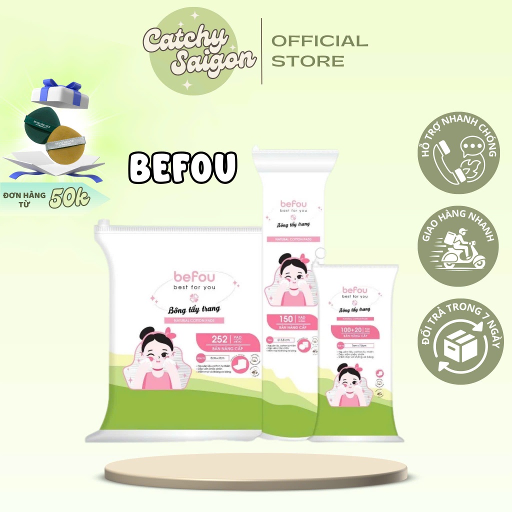 [BEFOU] Bông Tẩy Trang BEFOU, Cotton Tự Nhiên, Mềm Mại, Không Xơ Bông