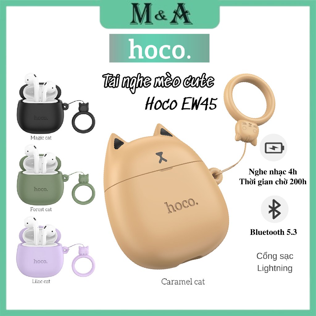 Tai Nghe Bluetooth Hoco EW45 TWS 5.3, Có Mic Đàm Thoại, Nghe Nhạc 4H, Kèm Case Tai Mèo Cute