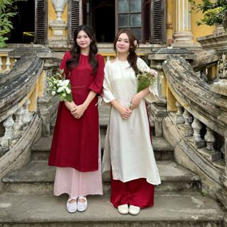   HAVANA  CÓ BIGSIZE - Áo dài lụa đũi Ý LAN cổ yếm cách điệu dáng cách tân suông kèm quần Satin AD194 