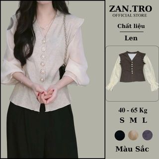 Áo Len Cổ Tim Phối Tay Voan Cúc Ngọc TIểu Thư Sang Trọng ZANTRO 481