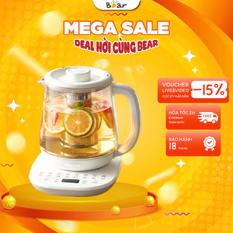  Ấm pha trà tự động giữ nhiệt bằng điện 1.5L Bear YSH-D15V9 Bình máy thuỷ tinh,16 Chế độ,BH 18 tháng 