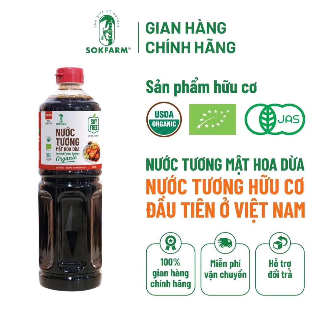 Nước tương Mật Hoa Dừa Organic Sokfarm chai 1L tiết kiệm vị nguyên bản không đậu nành, không gluten