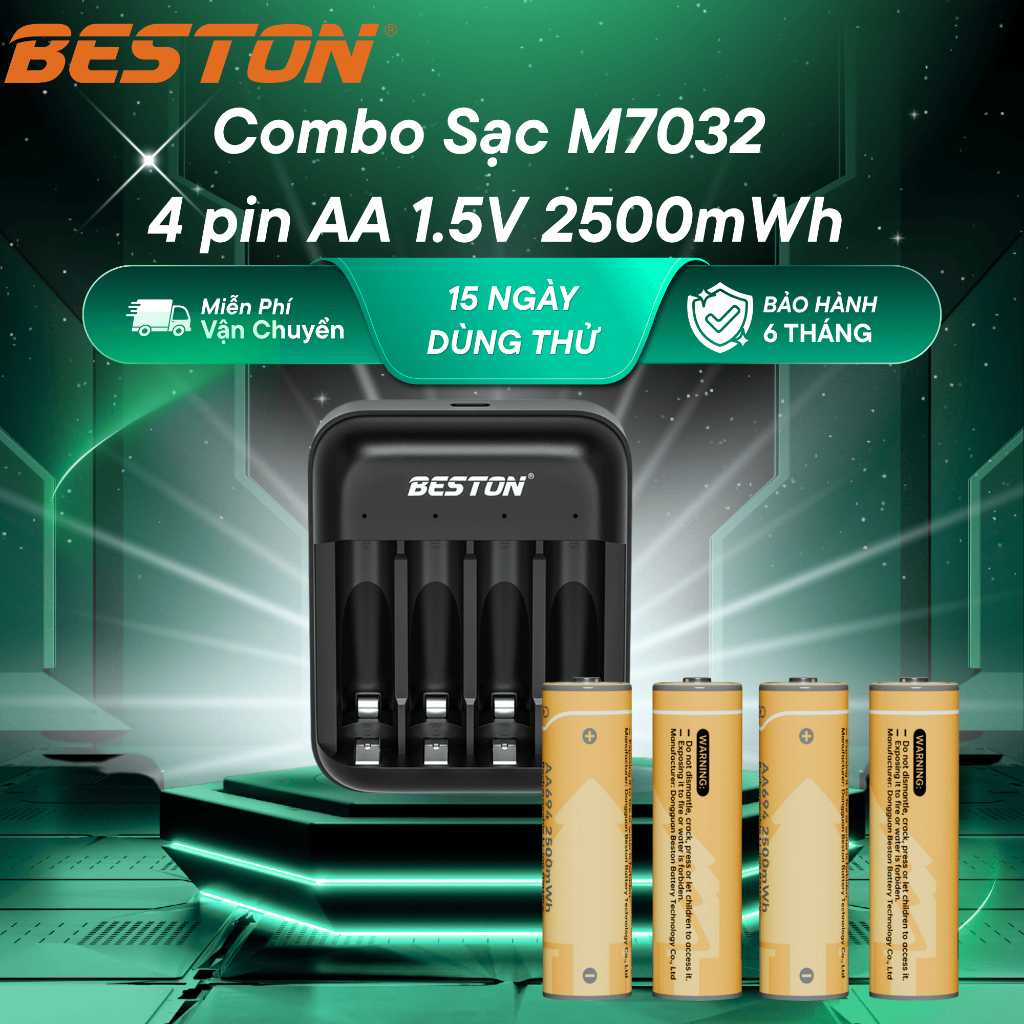 BESTON Combo Sạc M7032 và 4 pin AA 1.5V 2500mWh chuyên dụng cho karaoke đồ chơi đồng hồ sạc lại 1000