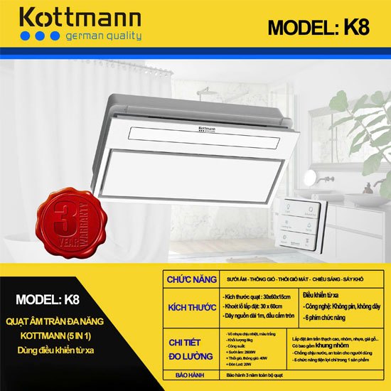 Quạt sưởi âm trần đa năng phòng tắm Kottmann K8. HÀNG CHÍNH HÃNG. Bảo hành 3 năm