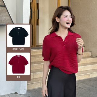  TUBYCATU | Áo Polo Dệt Kim Nữ Trơn Màu Đỏ Navy Form Suông Chất Knit Cao Cấp Thanh Lịch  Freesize  