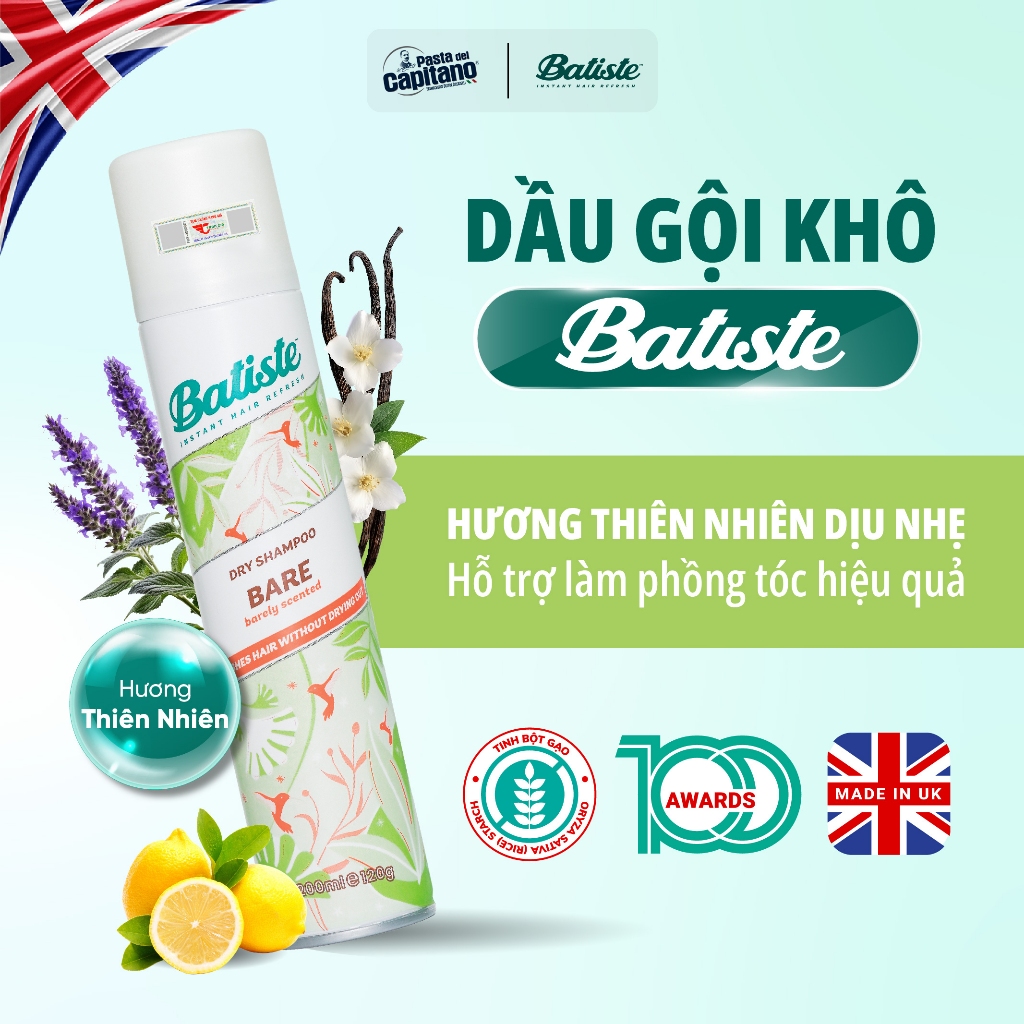 Dầu Gội Khô Batiste Bare Hương Hoa Thiên Nhiên Kiềm Dầu Làm Phồng Tóc Hiệu Quả - Batiste Bare 200ml