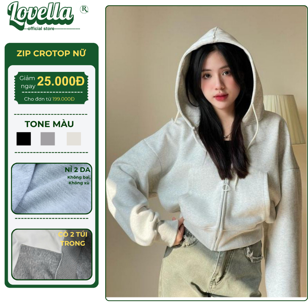 Áo Khoác Nữ Hoodie Zip Crotop Chất Nỉ 2 Da Chống Nắng Cản Gió Tốt, Hoodie Zip Dáng Ngắn Mũ To Siêu X