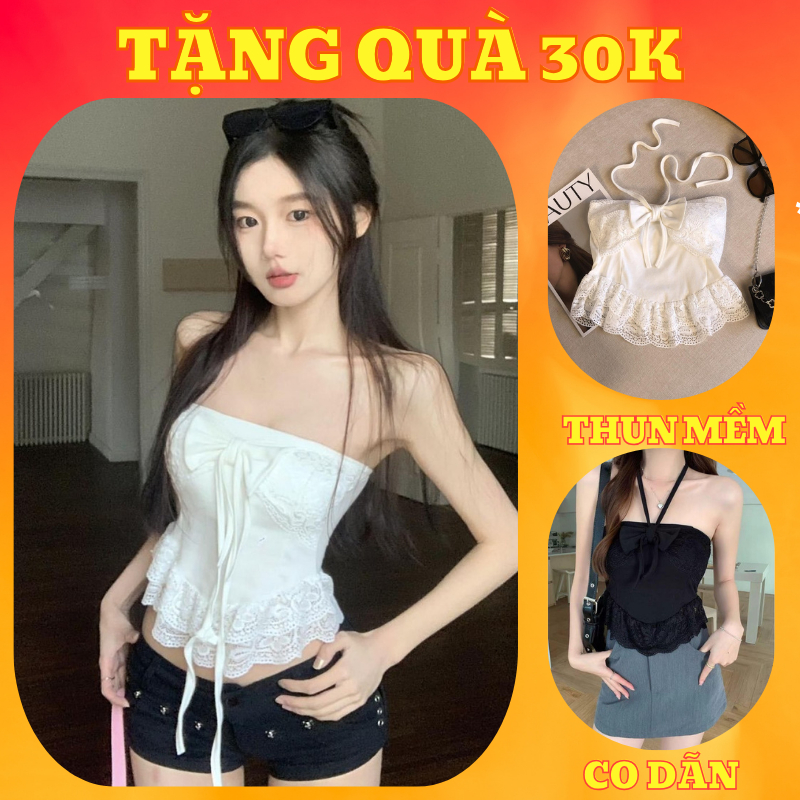 Áo croptop có mút ngực cho nữ áo 2 dây sát nách áo ống áo quây cổ yếm đính nơ nhún bèo ren AT23