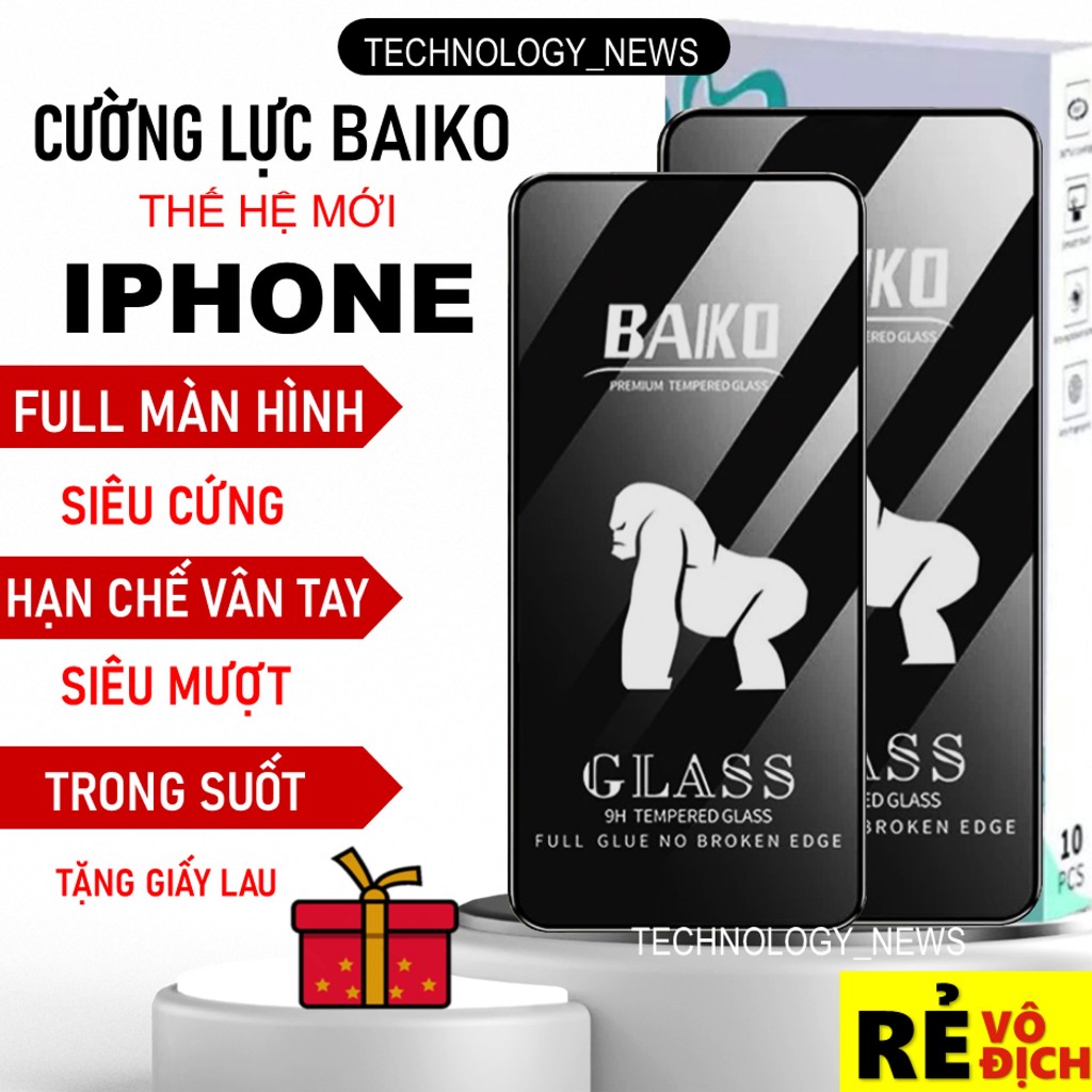 Kính cường lực BAIKO cho iPhone 17 16 15 14 11 pro max/ 12/ 13 promax/ x/ xr/ xs max/11/ 6/6s/7/8 plus/xsmax/mini/se