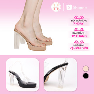 Dép cao gót nữ 2 quai ngang mica trong suốt cao 11p, Guốc đúp cao gót nữ gót mica vuông m134