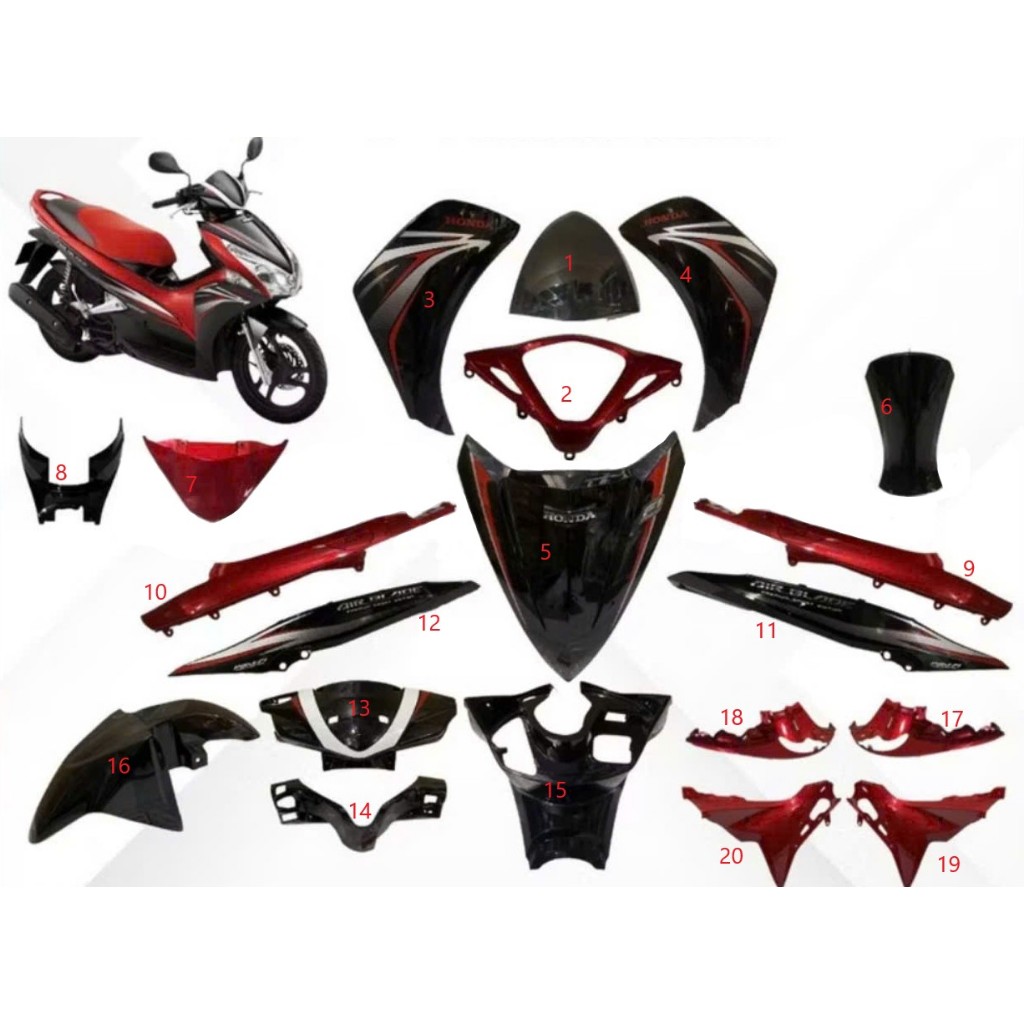 dàn áo ab air blade 110 đầu bò 2011 2012 ĐEN BÓNG TEM ĐỎ ( bán lẻ từng món )