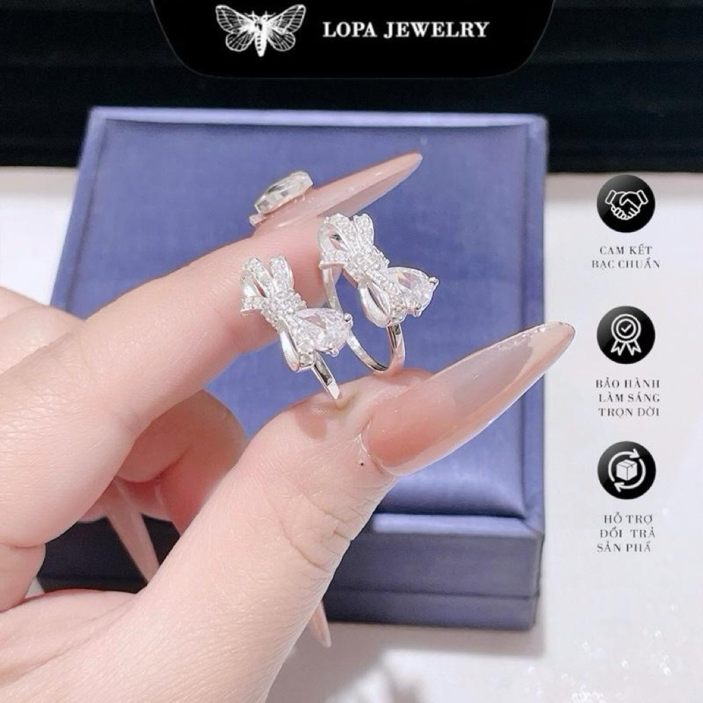 Nhẫn nữ SK030, nhẫn nơ giọt lệ , nhẫn nơ 3D kết hợp với đá giọt nước , xinh xắn , điệu đà, Bạc ta Lo