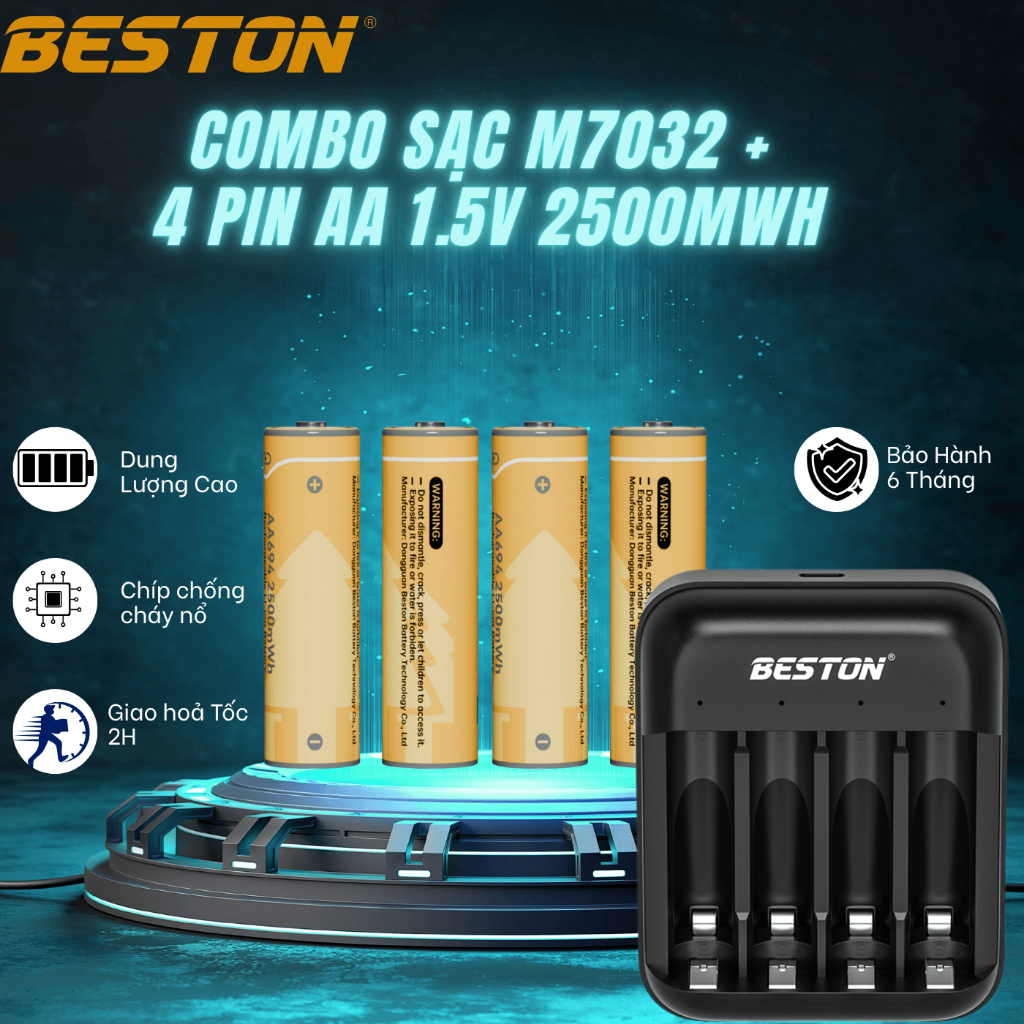 BESTON Combo Sạc M7032 và 4 pin AA 1.5V 2500mWh chuyên dụng cho karaoke đồ chơi đồng hồ sạc lại 1000