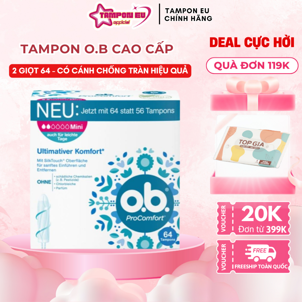 Băng vệ sinh Tampon O.B cao cấp 2 giọt 64 chiếc ProComfort cho ngày dâu ít, thấm hút tốt