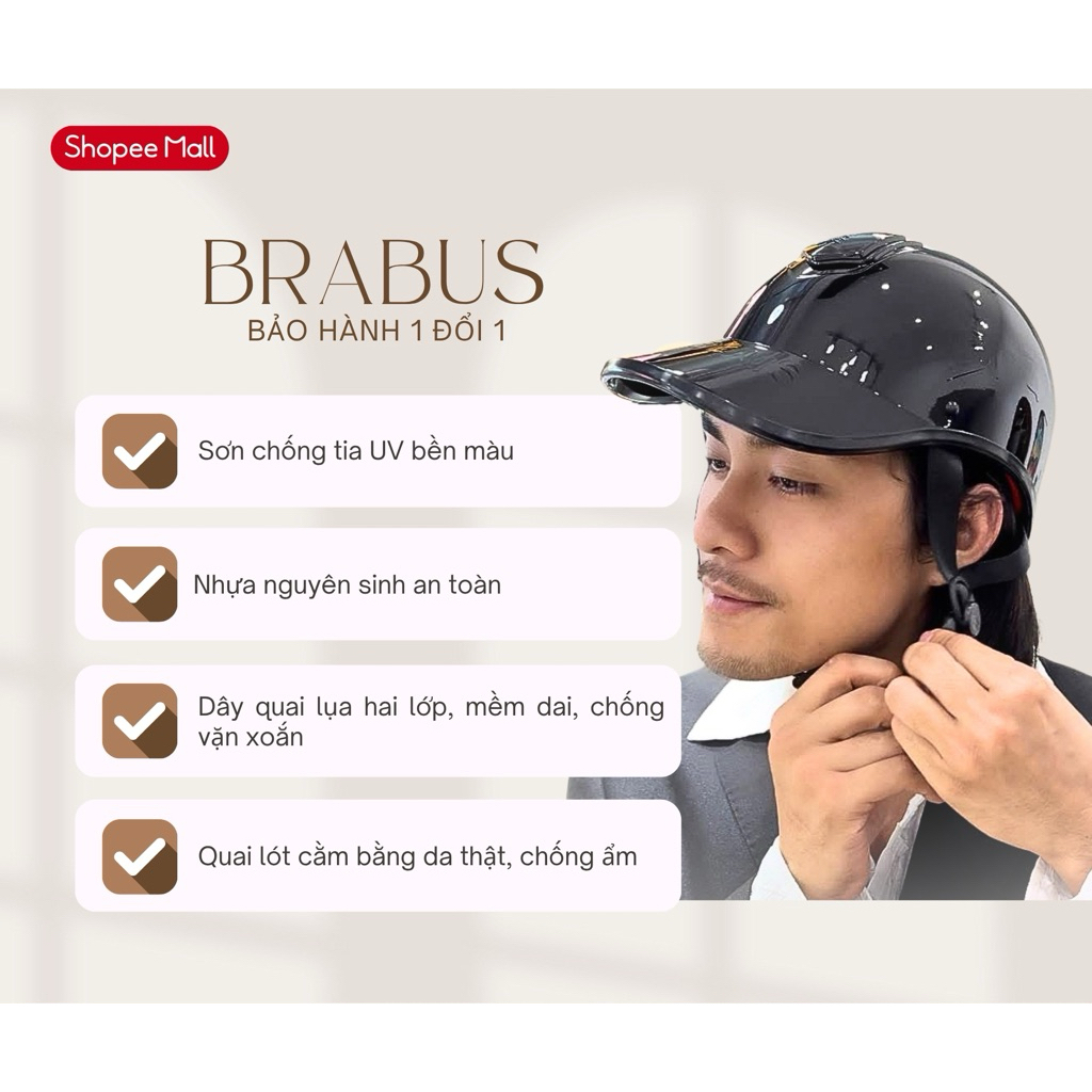 [DEAL SỐC] Mũ bảo hiểm lưỡi trai Brabus nam, nữ chính hãng màu đen piano