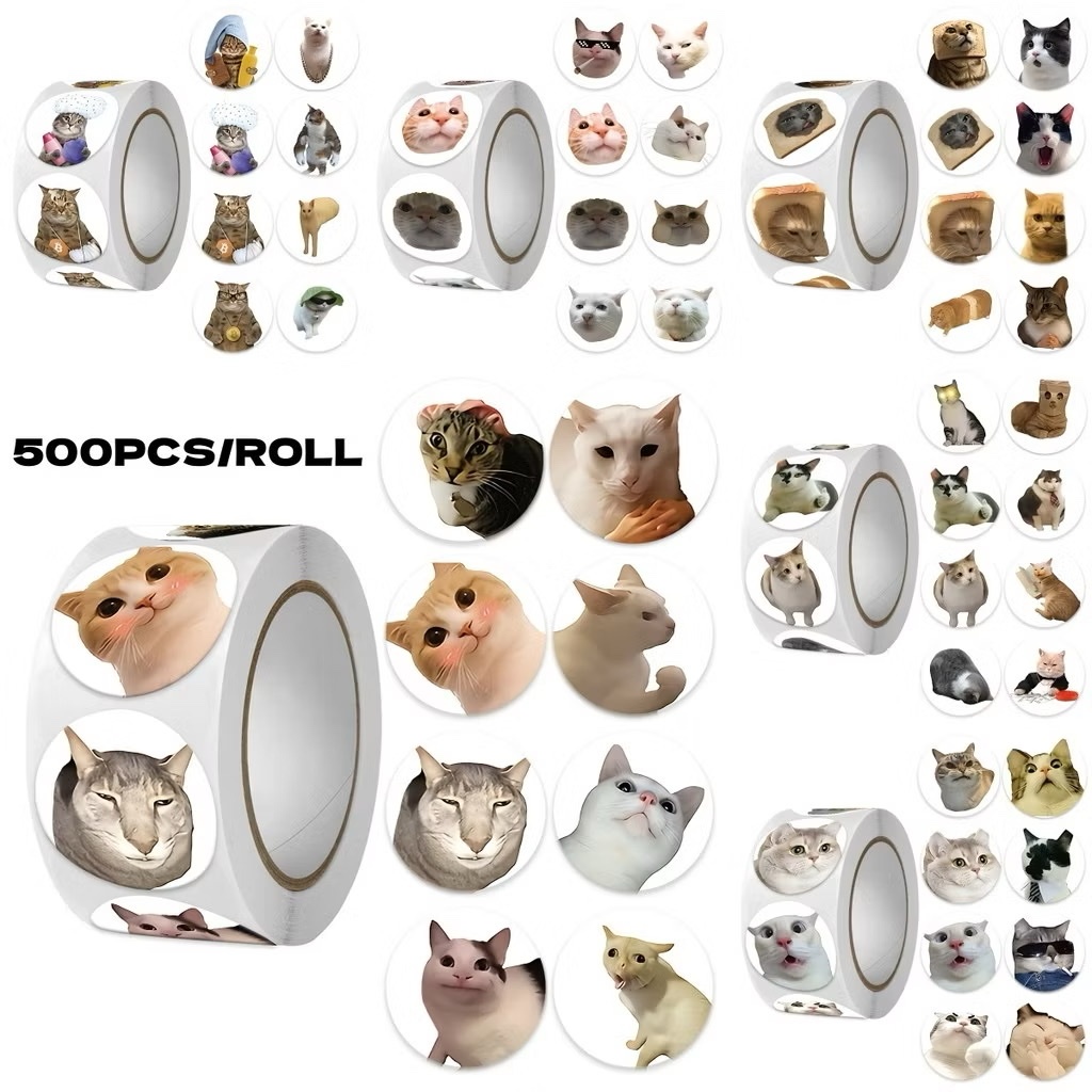 Cuộn 500 hình dán sticker Mèo meme dễ thương, sticker khen thưởng dán trang trí