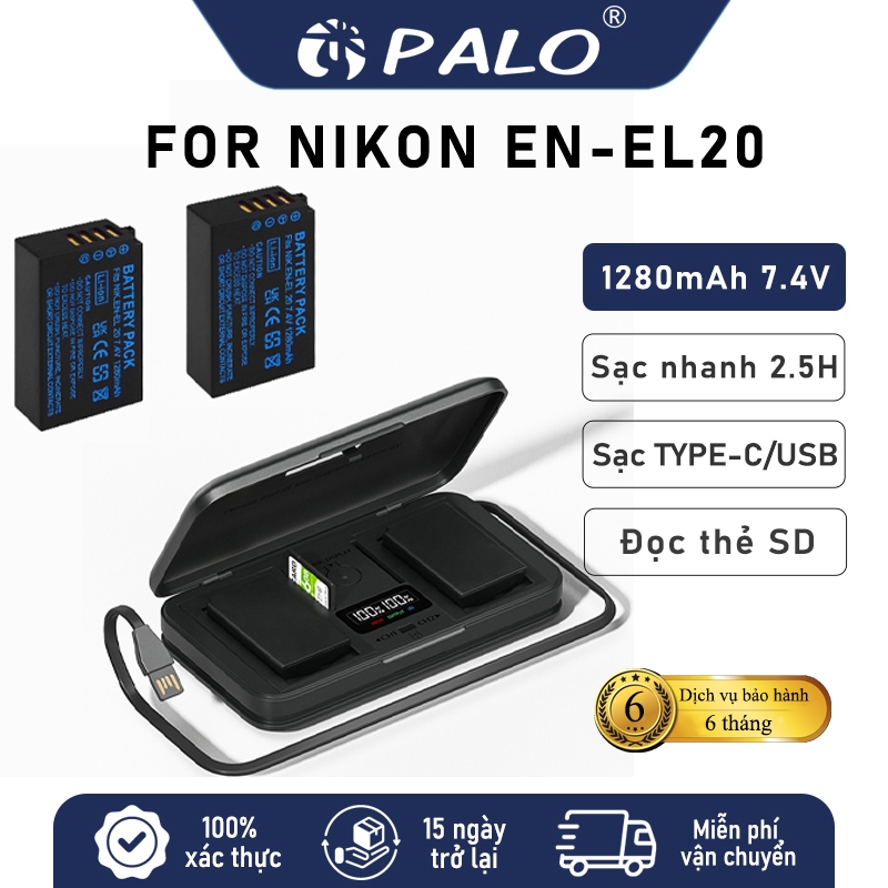 PALO Pin Nikon EN-EL20 Bộ 2 Pin + Sạc Đôi choNikon 1 AW1 Nikon COOLPIX A Nikon 1 J1 Nikon 1 S1 1 J3