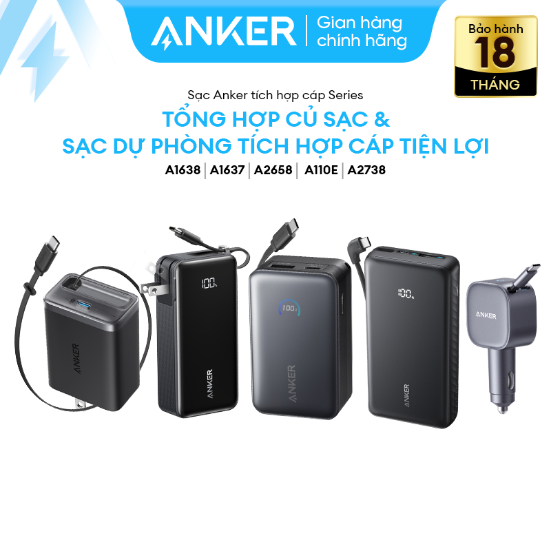 Sạc di động Anker tích hợp cáp USB-C tiện lợi |sạc nhanh tiện lợi cho iPhone/ Android-A1638, A1637, 