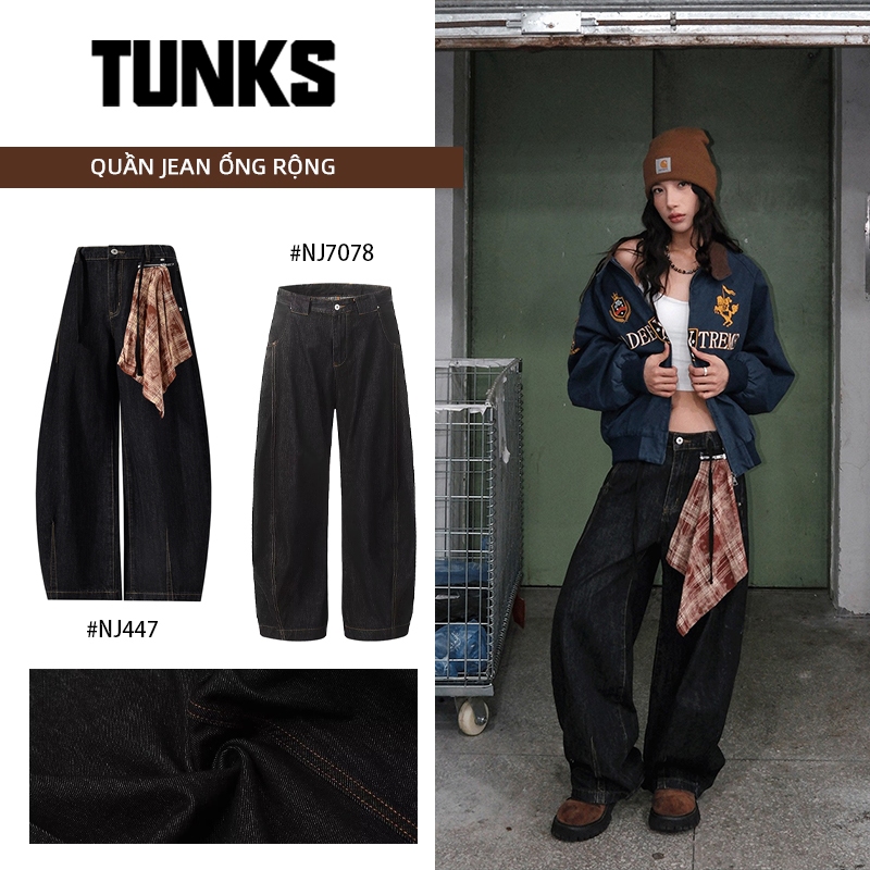 Quần jeans baggy nam nữ TUNKS ống rộng màu đen phong cách Retro Quần Jean Unisex Bò Mềm