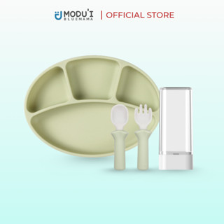  Combo Khay Ăn Dặm Oval Chia Ngăn & Bộ Muỗng Nĩa Silicone Bạch Kim Modu'i Bluemama Hàn Quốc 