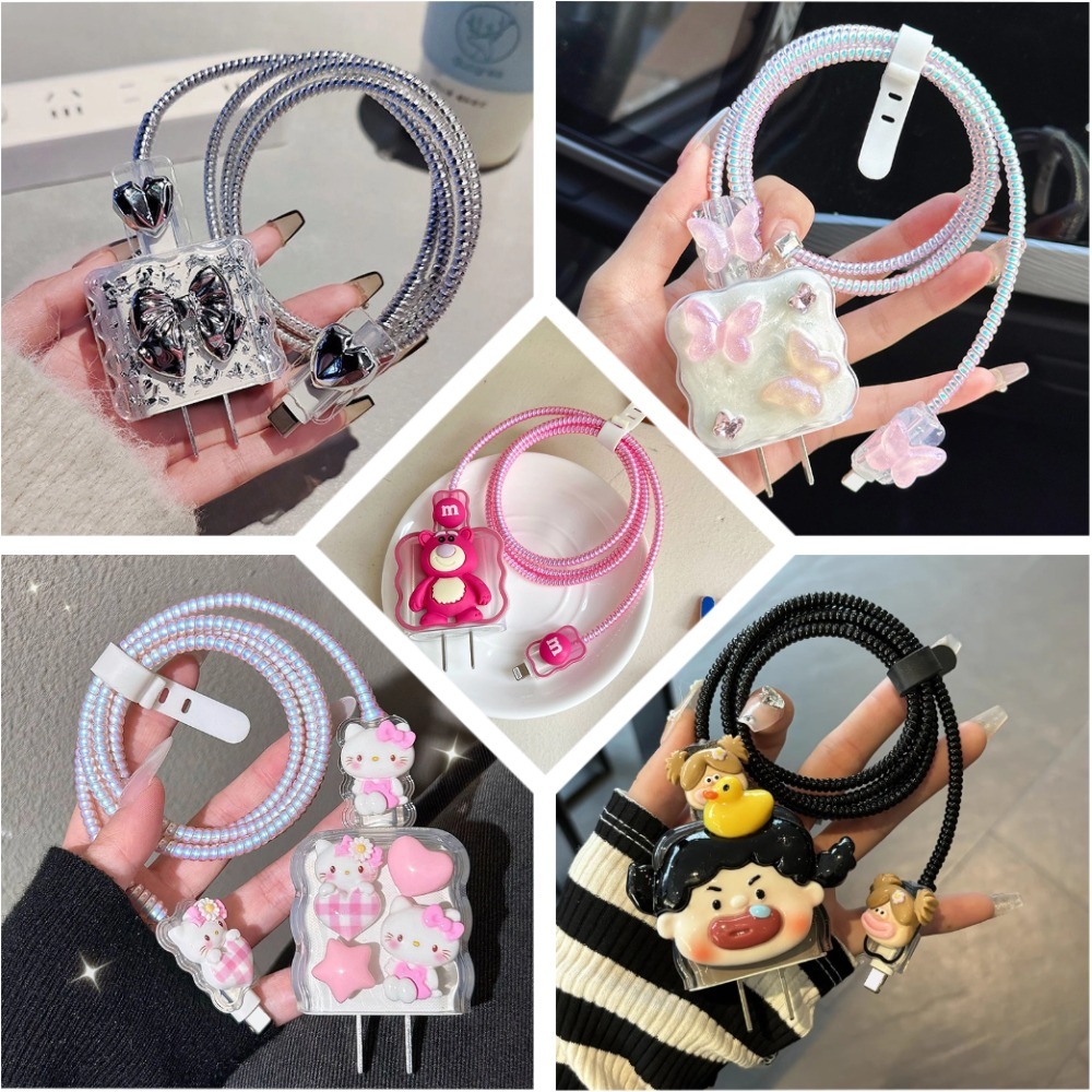 Bộ Phụ Kiện Bảo Vệ Đầu Sạc Kirby Họa Tiết Sóng Màu Hồng Chống Gãy Dây Tương Thích IP-BA