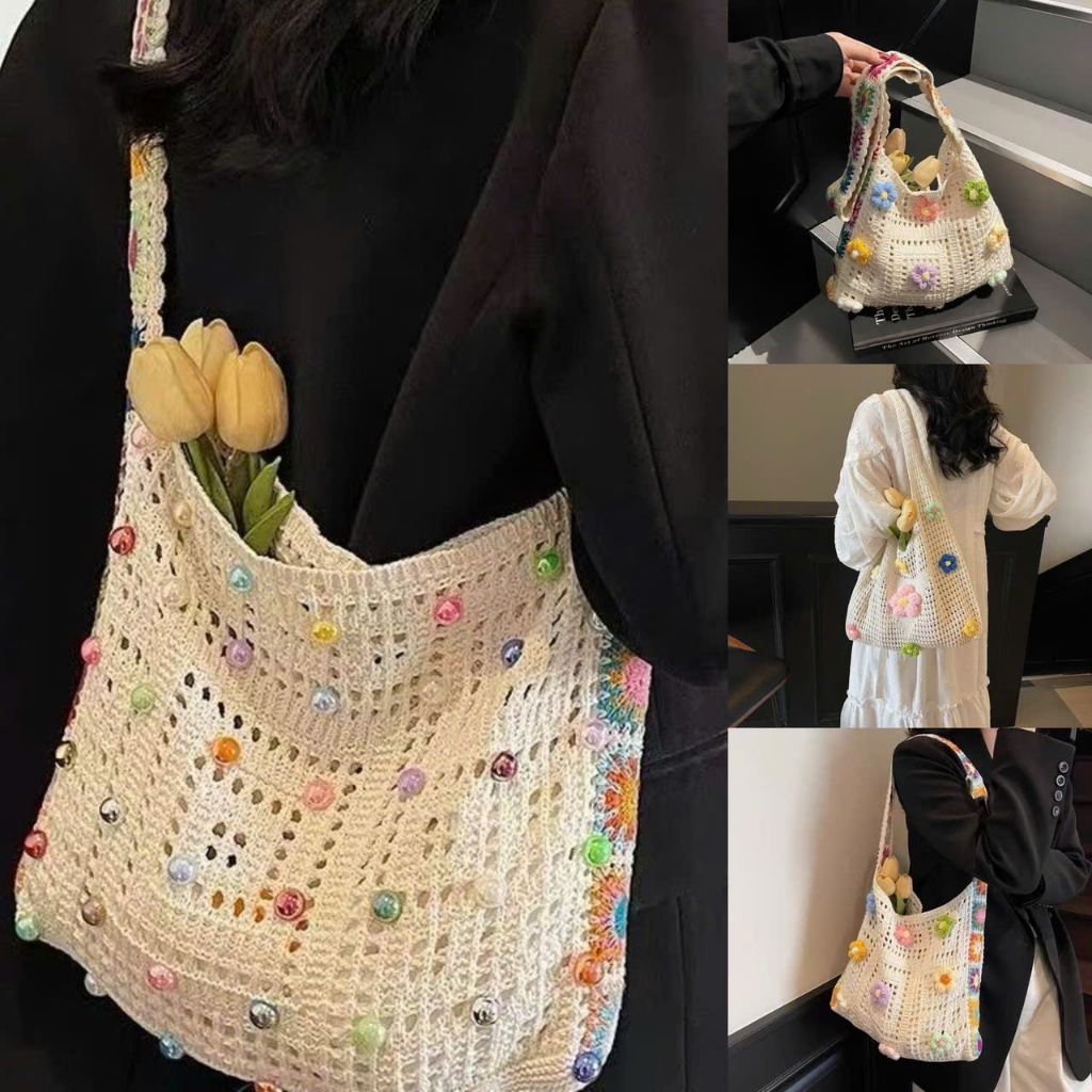 TÚI Dệt Kim Vintage Xách Tay Phối Hoa Tiểu Thư Phong Cách Hàn Quốc
