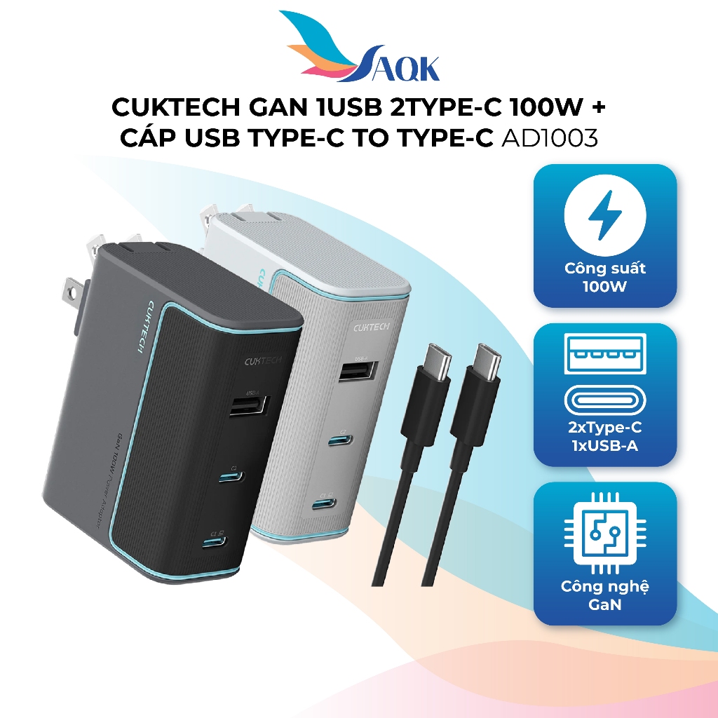 Combo cốc sạc Cuktech GaN 1USB 2Type-C 100W + Cáp USB Type-C to Type-C AD1003 - Hàng chính hãng