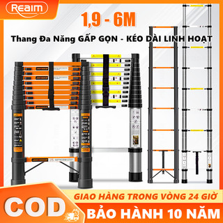  Reaim Thang nhôm Inox rút đơn các bậc thang tự động vào khóa 1.9M đến 6M dụng nhẹ chắc 
