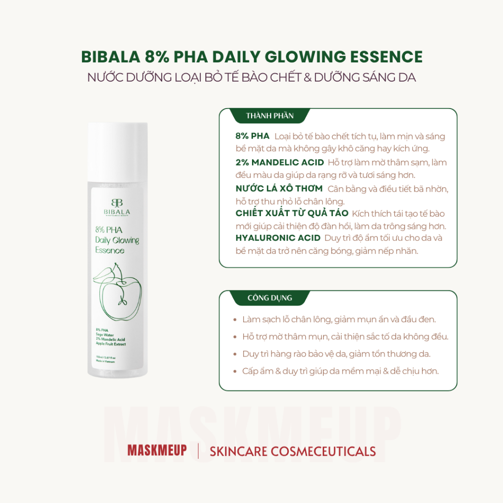 8% PHA Daily Glowing Essence 150 ml - Nước dưỡng sáng, tẩy TBC, ngừa mụn cho da Bibala