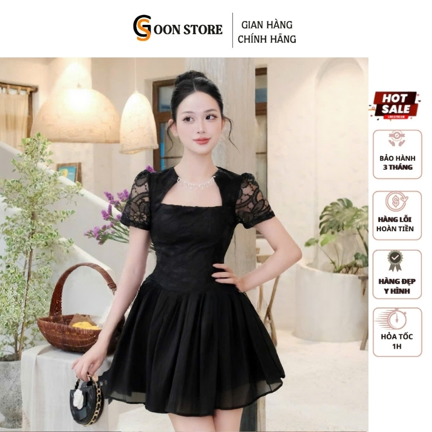 Đầm ren xòe dáng ngắn cỏ vuông tay phồng chiết eo dáng công chúa Goon Store