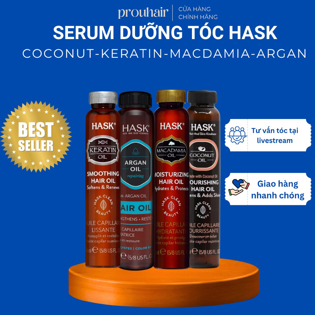   PROUHAIR  DẦU DƯỠNG Tóc Hask Hair Oil 18ml – Bóng Mượt Hạn Chẻ Ngọn – Phù Hợp Tóc Khô Xơ 
