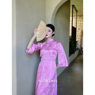 Bộ Áo Dài Màu Hồng Phấn Gấm Lụa Tằm Long Phụng Cao Cấp Cổ Cao 2cm Tay Lỡ Loe Kèm Quần Lụa Sang Trọng