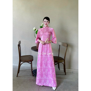 Bộ Áo Dài Màu Hồng Phấn Gấm Lụa Tằm Long Phụng Cao Cấp Cổ Cao 2cm Tay Lỡ Loe Kèm Quần Lụa Sang Trọng