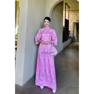 Bộ Áo Dài Màu Hồng Phấn Gấm Lụa Tằm Long Phụng Cao Cấp Cổ Cao 2cm Tay Lỡ Loe Kèm Quần Lụa Sang Trọng