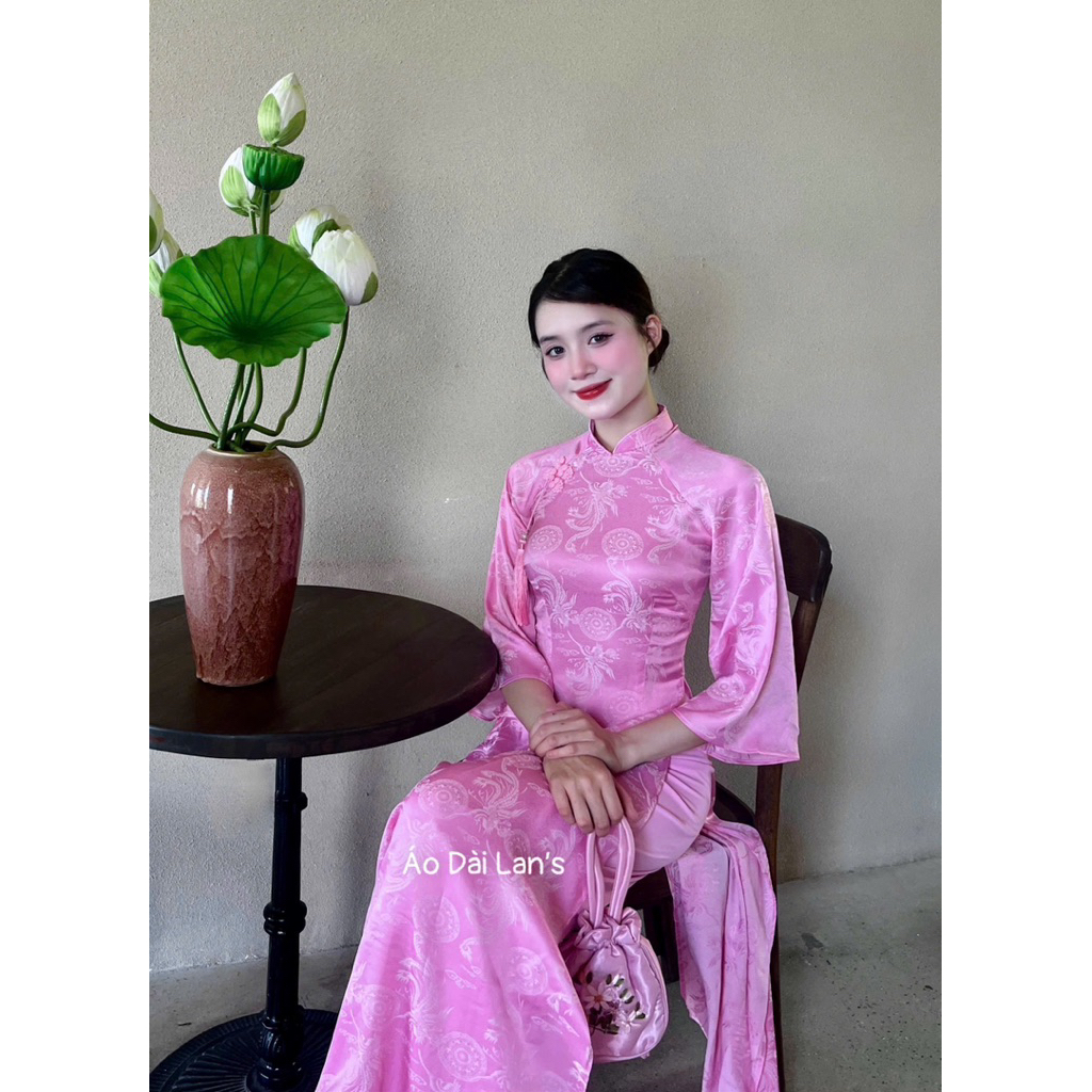 Bộ Áo Dài Màu Hồng Phấn Gấm Lụa Tằm Long Phụng Cao Cấp Cổ Cao 2cm Tay Lỡ Loe Kèm Quần Lụa Sang Trọng