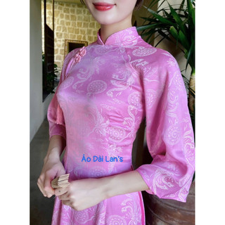 Bộ Áo Dài Màu Hồng Phấn Gấm Lụa Tằm Long Phụng Cao Cấp Cổ Cao 2cm Tay Lỡ Loe Kèm Quần Lụa Sang Trọng