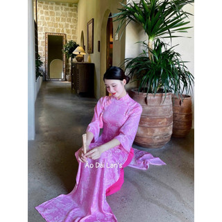 Bộ Áo Dài Màu Hồng Phấn Gấm Lụa Tằm Long Phụng Cao Cấp Cổ Cao 2cm Tay Lỡ Loe Kèm Quần Lụa Sang Trọng