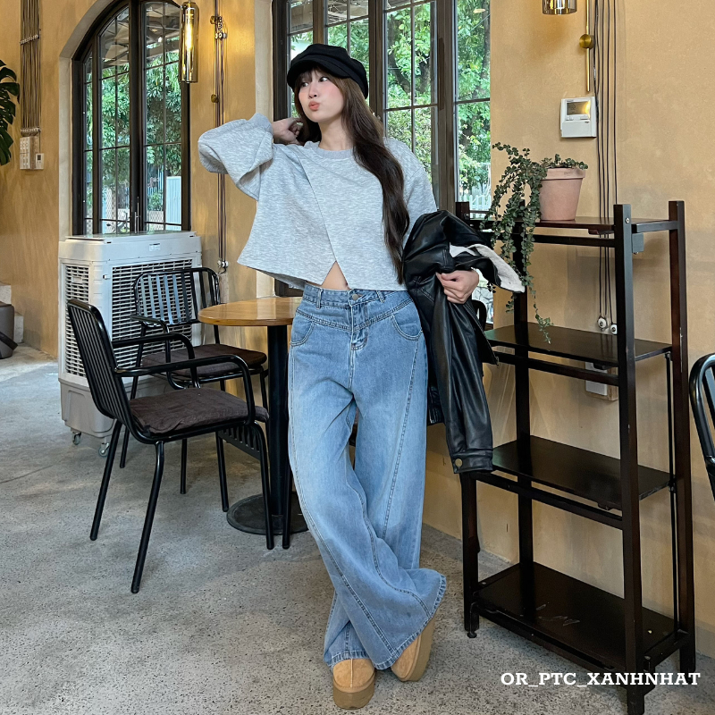 Quần Jeans nữ form dáng ống rộng có viền sọc giữa phong cách basic Hàn Quốc | BigBuy360 - bigbuy360.vn