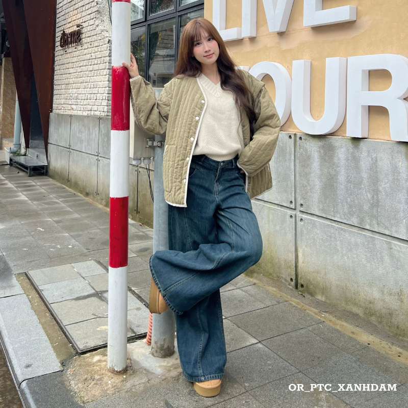 Quần Jeans nữ form dáng ống rộng có viền sọc giữa phong cách basic Hàn Quốc | BigBuy360 - bigbuy360.vn