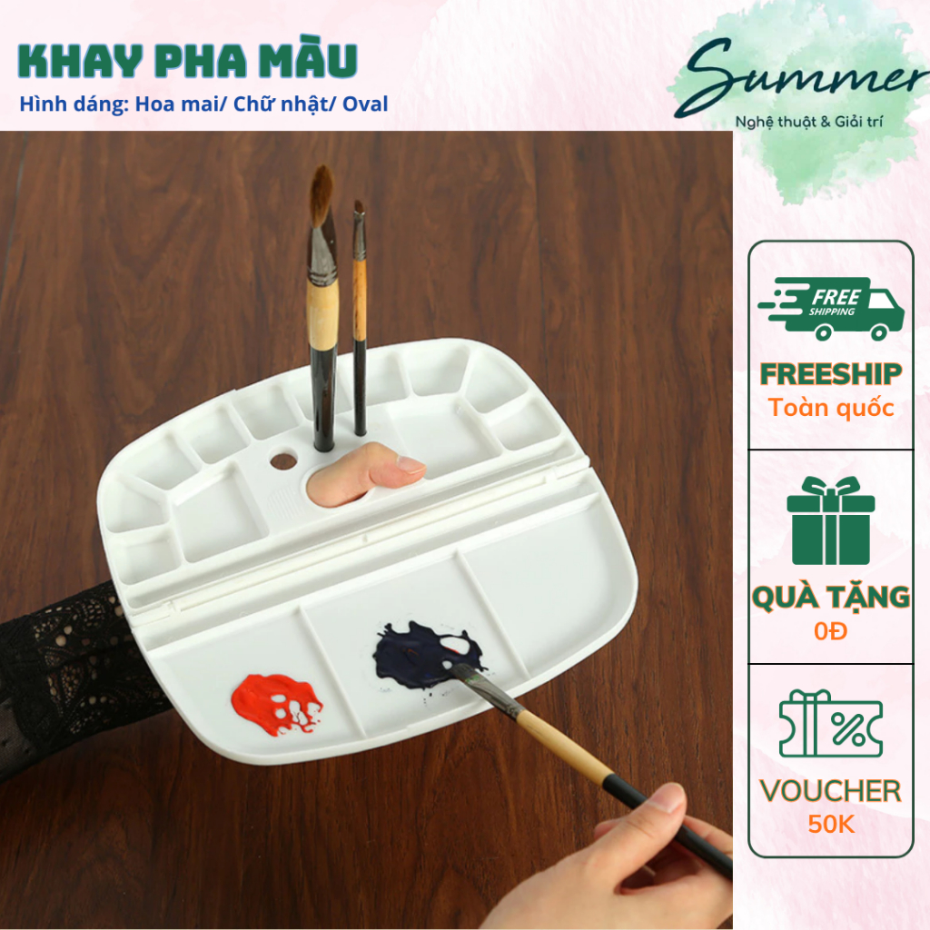 Khay Pha Màu Palette Giá Rẻ Nhựa Trắng Hình Hoa Mai Chữ Nhật Oval Cho Màu Nước Acrylic Sơn Dầu – Họa cụ Summer