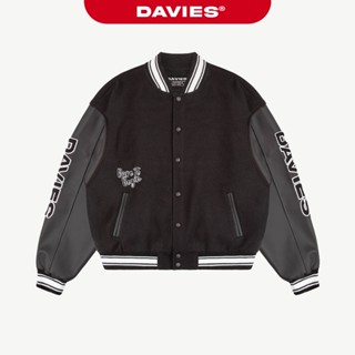  Áo varsity nỉ đen tay phối da nút bấm DAVIES hình thêu nổi cổ phối viền lót dù Statement Bomber Varsity Jacket | D-AK13 