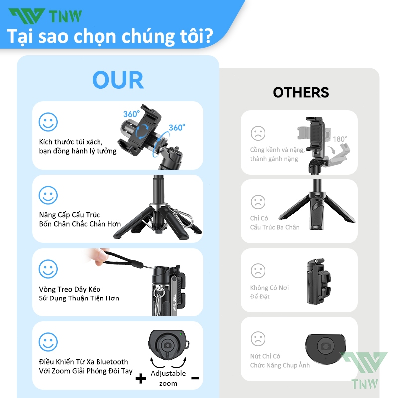 TNW T26Pro Gậy Selfie tự sướng  3trong1 mini Gậy Tự Chụp Bluetooth xoay 360 độ cho Vlog Chống Rung | BigBuy360 - bigbuy360.vn
