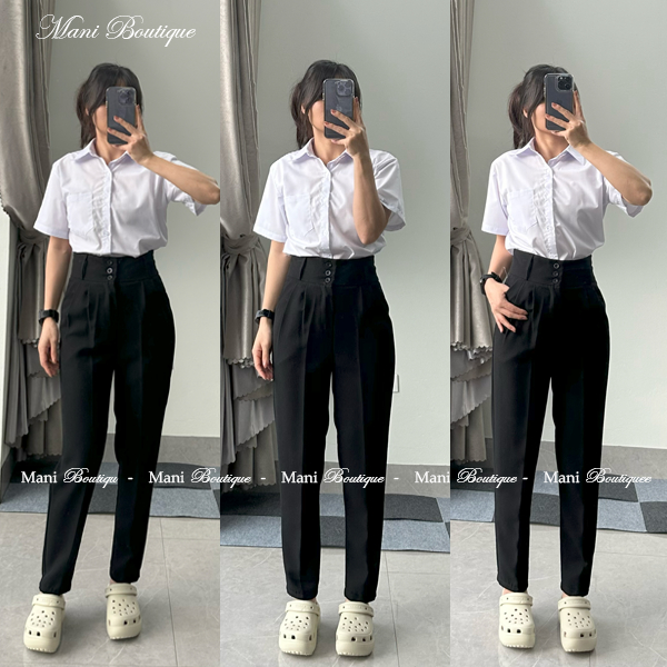 Quần Baggy Cạp Cao Nữ Phối 3 Cúc Bản To QD633 Cực Tôn Dáng - Chất Tuyết Mưa Màu Đen Mặc Đi Làm